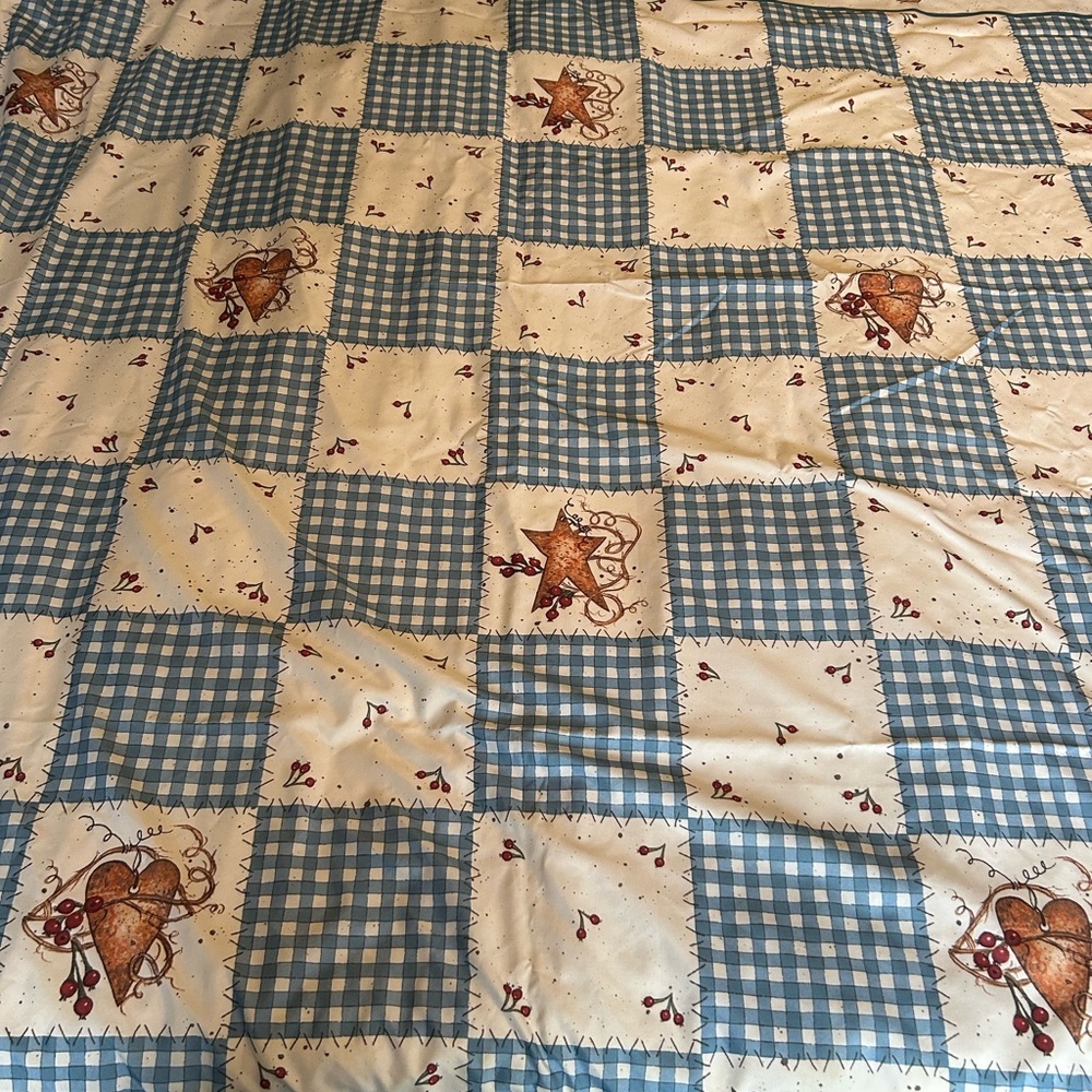 Blue & White Gingham shower curtain, rug, soap dispenser, tooth brush holder